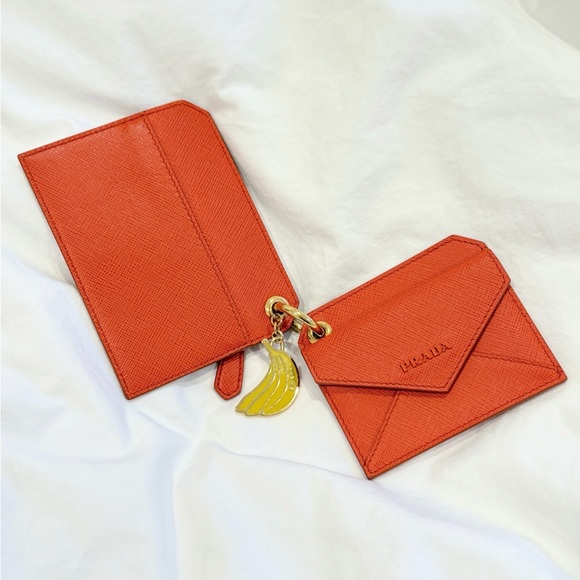 Prada Orange Saffiano Leather Banana Charm Keychain Wallet Card Case - Picture 3 of 9